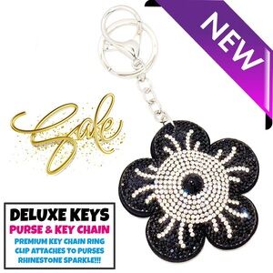 DeLuxe Keys Rhinestone Keychain/Purse Chain BLACK FLOWER SPIRAL